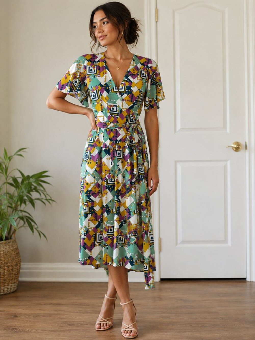 T-Bags Vintage 90s Abstract Geometric Wrap Midi Dress | Size Small | Made in USA